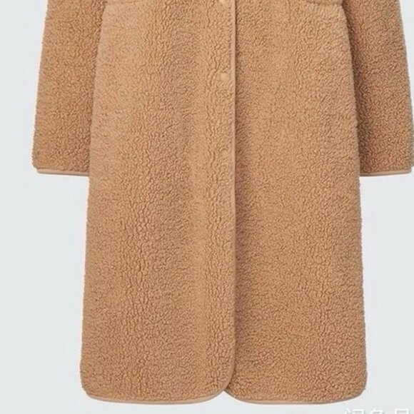 NWT $89 UNIQLO:C Long Teddy/Fleece Coat, Cinched Waist, Stand Collar S - Picture 2 of 7